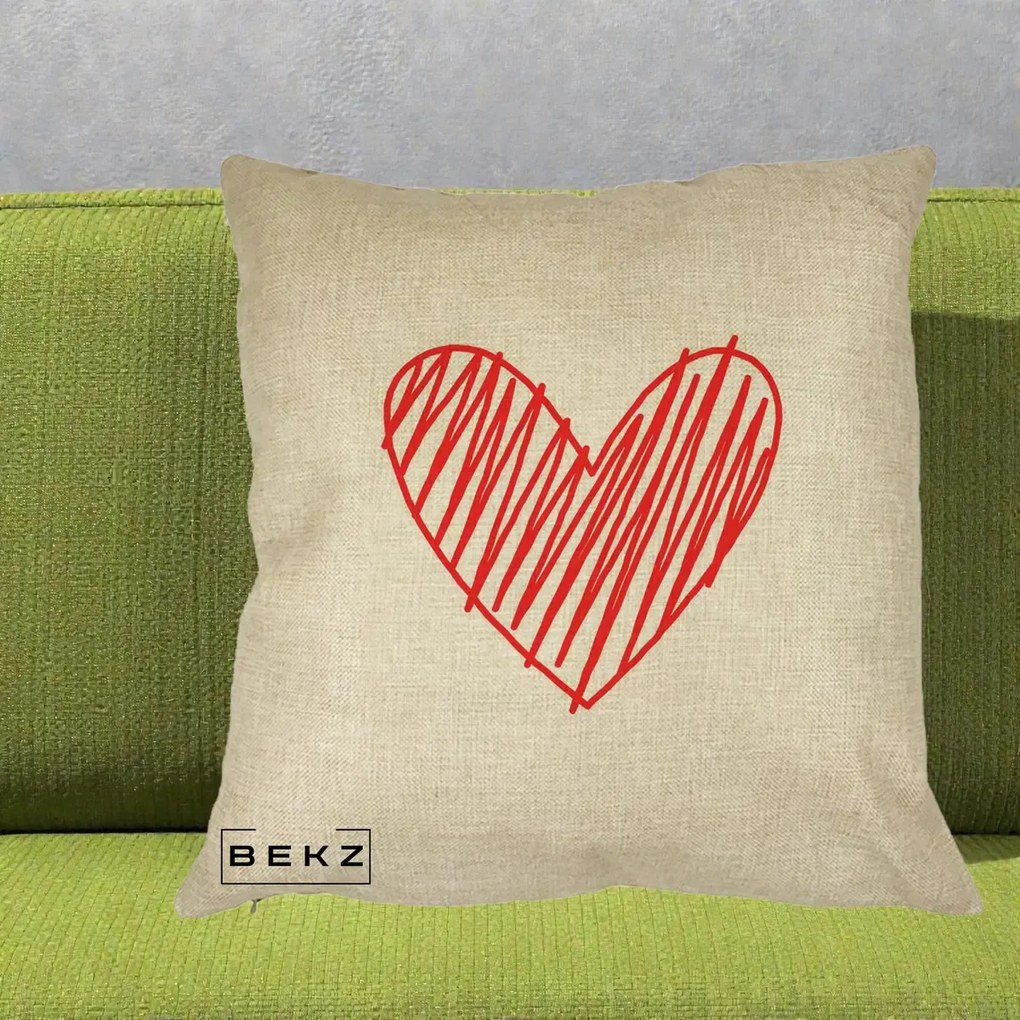 Perna Decorativa Inima Rosie Desen Manual, 40x40 cm, Crem, Husa Detasabila, Perna Inclusa, BEKZ®