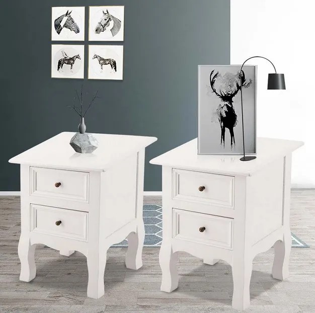 NOA9 - Set 2x Noptiere albe, 34 cm, cu 2 sertare