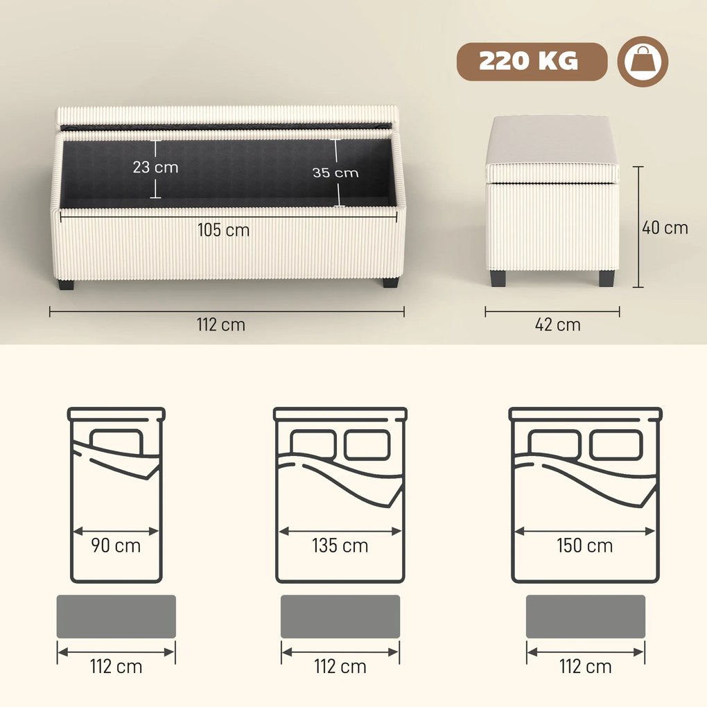 HOMCOM Bancă de Depozitare de 84L, din Țesătură cu Efect de Catifea și Oțel, 112x42x40 cm, Bej | Aosom Romania