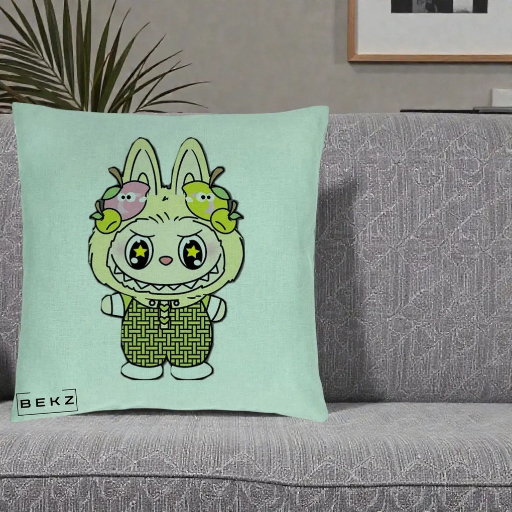 Perna Personalizata Labubu Galben cu Mere si Salopeta, 40x40 cm, Verde Menta, Husa Detasabila, Perna Inclusa, BEKZ®