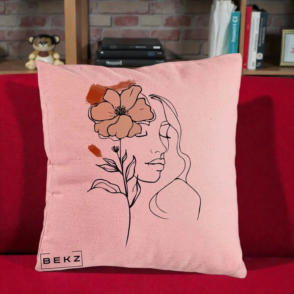 Perna Decorativa Portret Feminin Floare Bej Terracotta, 40x40 cm, Roz, Husa Detasabila, Perna Inclusa, BEKZ®
