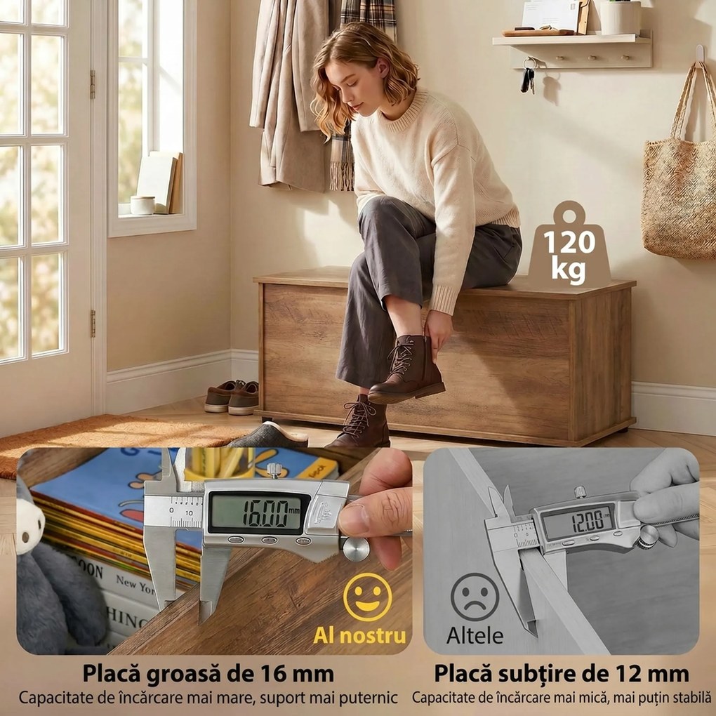 HOMCOM Cufăr de Depozitare pentru Interior 113L cu Capac Rabatabil, Cufăr Organizator pentru Living și Hol, Bancă cu Spațiu de Depozitare, Efect Lemn Maro | Aosom Romania