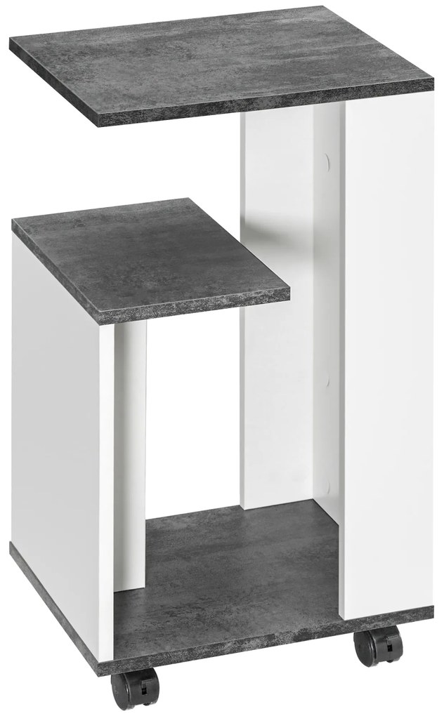 HOMCOM Noptieră cu 4 rotile, 3 rafturi, 35 x 29,5 x 65,5 cm, Gri/Alb | Aosom Romania