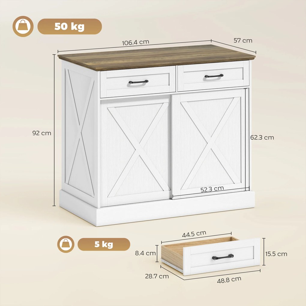 HOMCOM Insulă centrală de bucătărie, bufet de bucătărie, mobilier de depozitare cu 2 sertare, 2 uși culisante, poliță reglabilă, alb | Aosom Romania