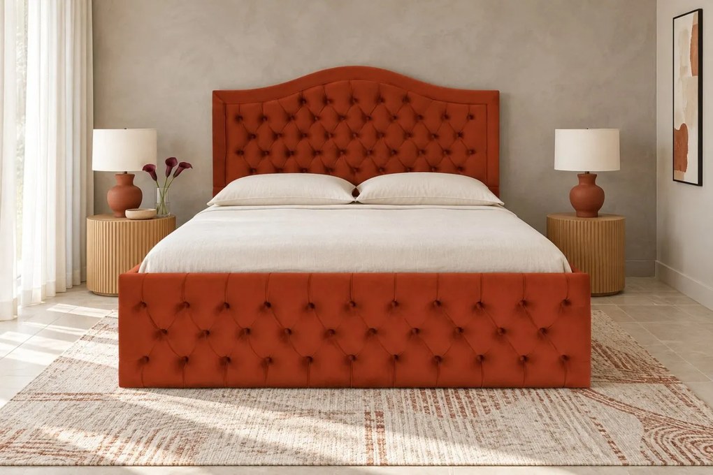 Pat tapițat Chesterfield din catifea Solaria Deluxe 160×200 cm, cărămiziu, cu ladă de depozitare
