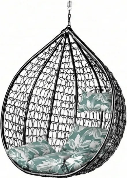 Fotoliu suspendat negru KOKON fara suport, pernă verde-albă