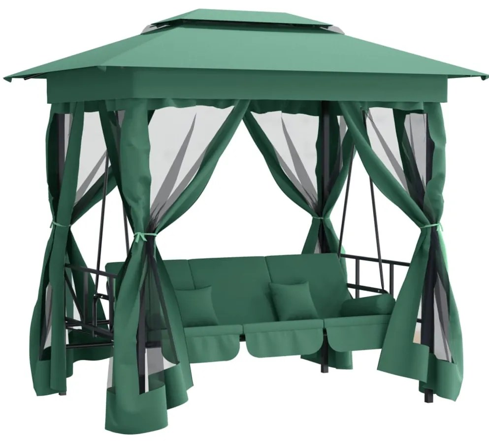 Balansoar extensibil cu pavilion Pavilion de gradina & balansoar convertibil verde textil & otel