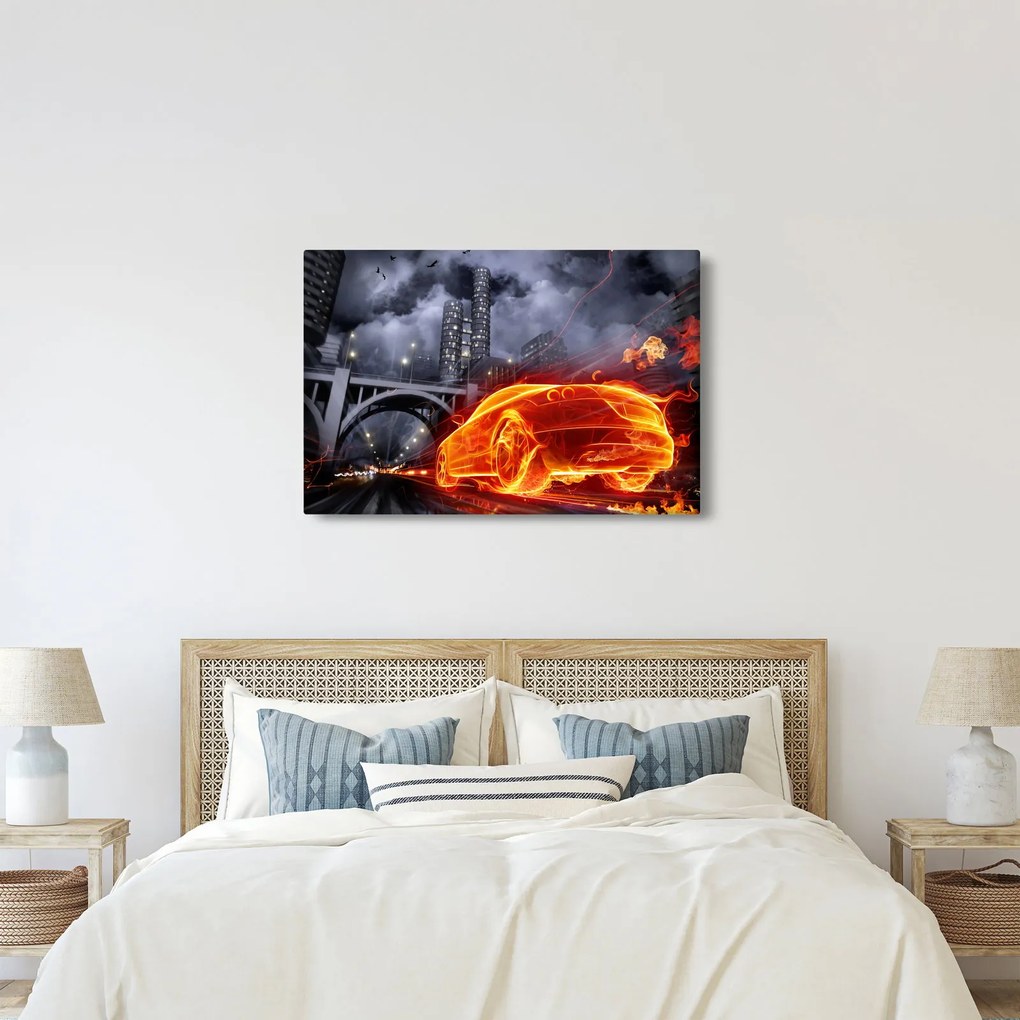 Tablou cu mașina în flăcărată (90x60 cm)