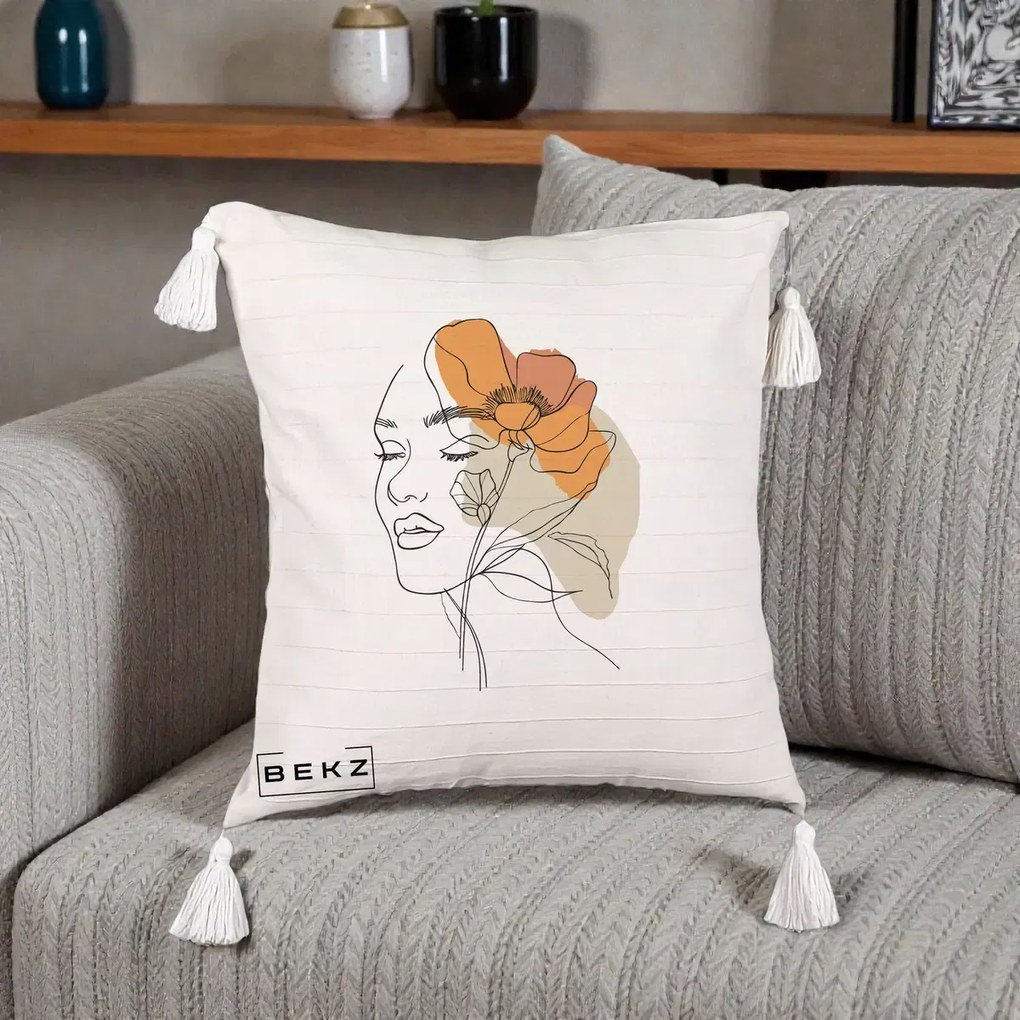 Perna Decorativa Portret Feminin Mac Mare Portocaliu, 40x40 cm, Bej cu Franjuri, Husa Detasabila, Perna Inclusa, BEKZ®