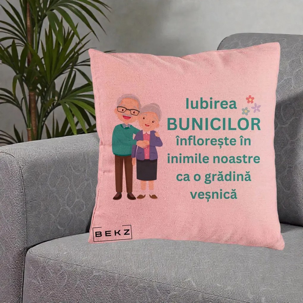 Cadou pentru Bunici - Perna Personalizata Bunicii Iubirea Infloreste Cuplu Senior Teal, 40x40 cm, Roz, Husa Detasabila, Perna Inclusa, BEKZ®