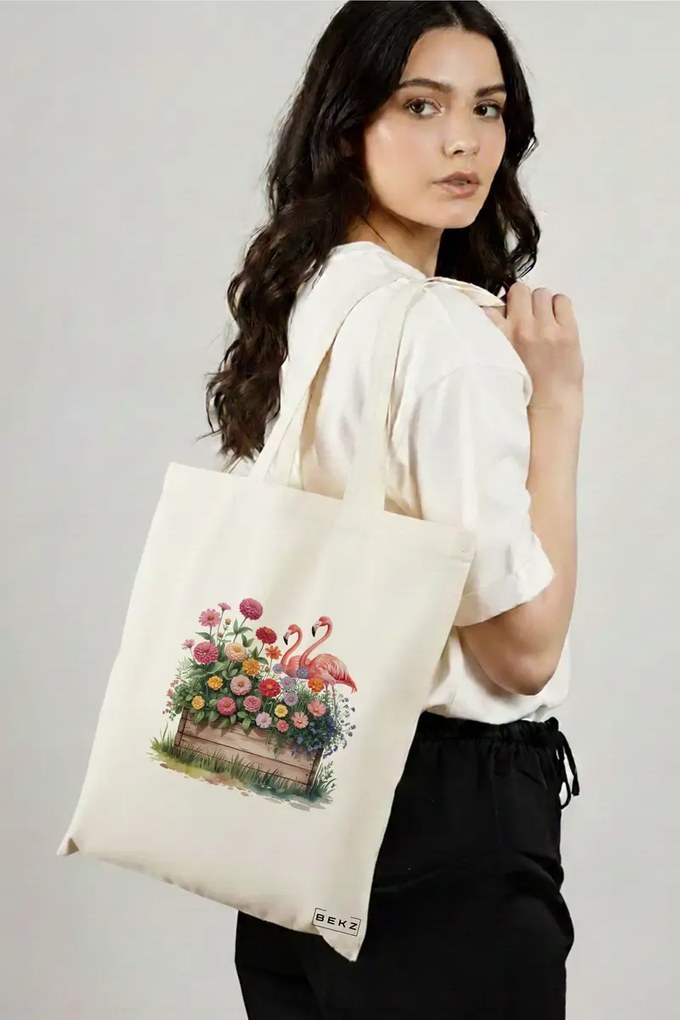 Sacosa de Panza pentru Cumparaturi, Geanta Tote, model Flamingo 6 38 x 34.5 cm, Alba, BEKZ®