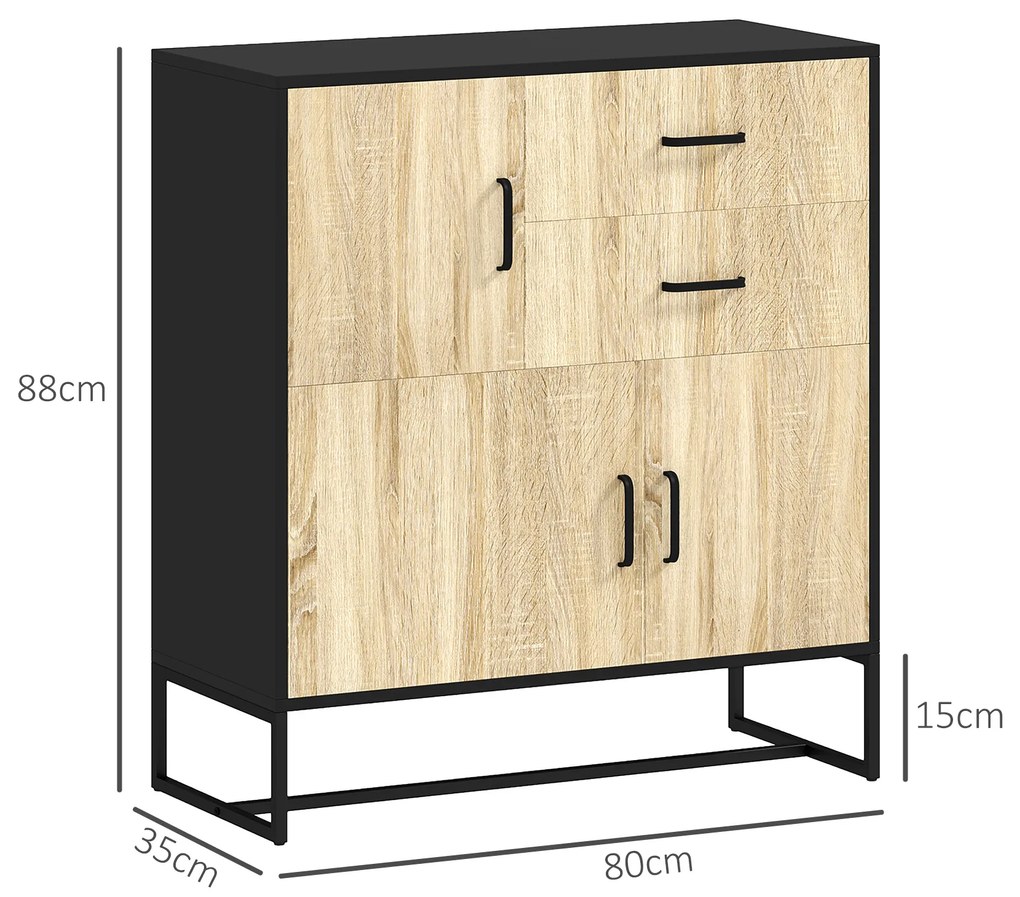 HOMCOM Bufet Modern de  Depozitare cu 3 Dulapuri și 2 Sertare din Pal Melaminat și Oțel, 80x35x88 cm, Lemn Natural | Aosom Romania