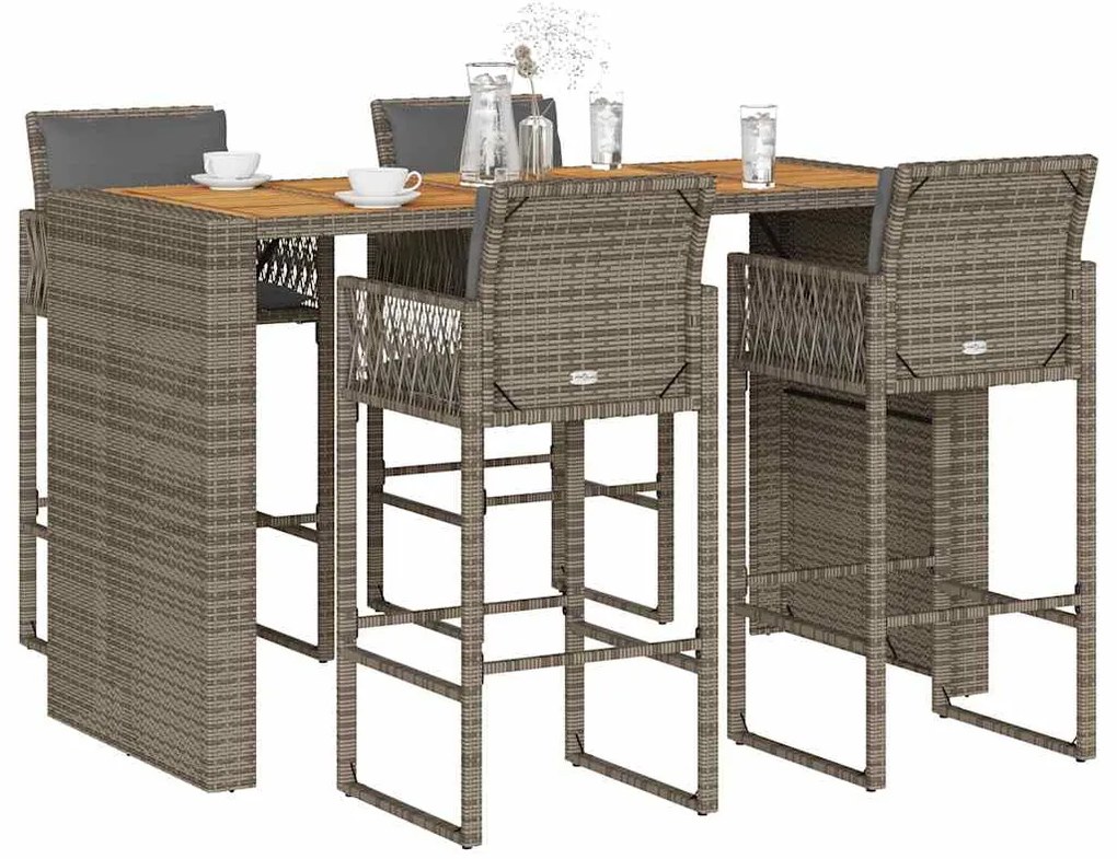 vidaXL Set mobilier bar de grădină, cu perne, 5 piese, gri, poliratan
