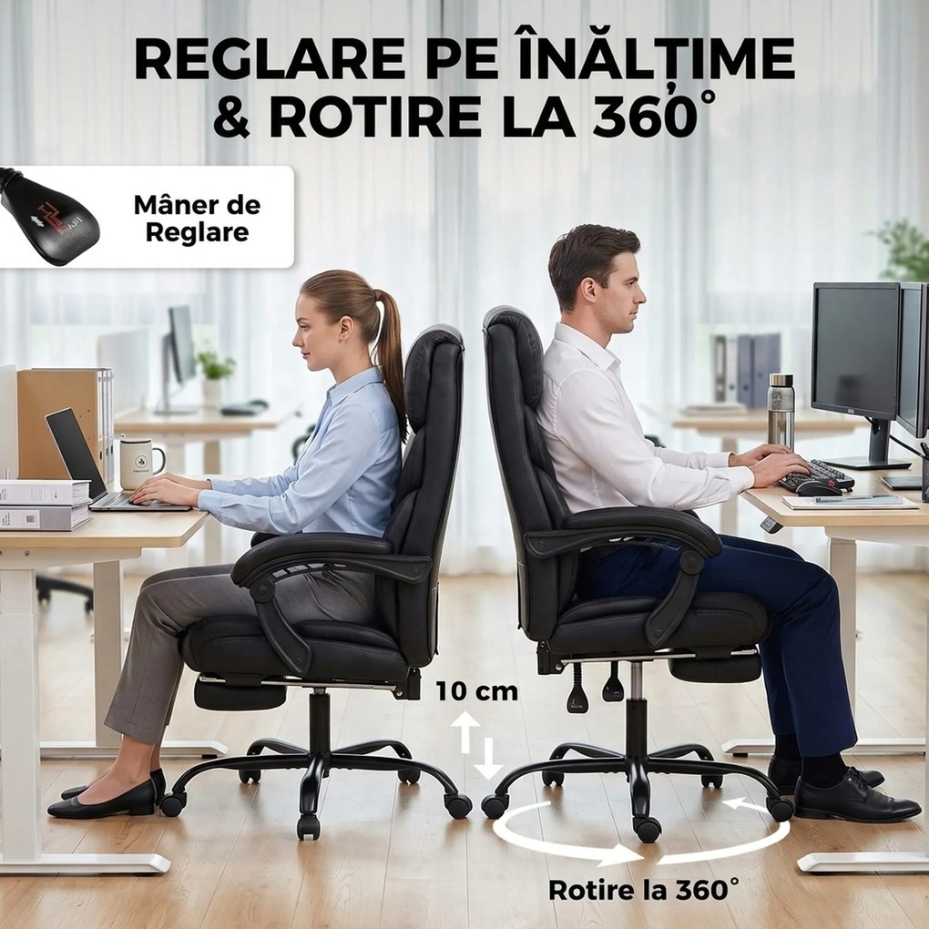 HOMCOM Scaun de birou ergonomic rotativ, rabatabil 165°, din piele ecologică PU, cu suport pentru picioare și înălțime reglabilă, negru | Aosom Romania