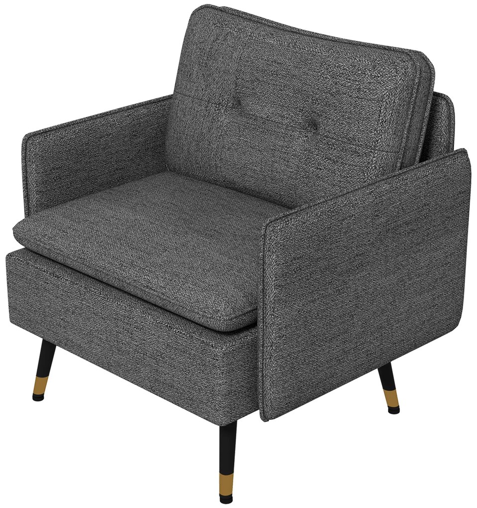 HOMCOM Fotoliu scandinav cu spătar capitonat cu trecere în material 76 x 68 x 80 cm gri și picioare din metal negru și auriu | Aosom Romania
