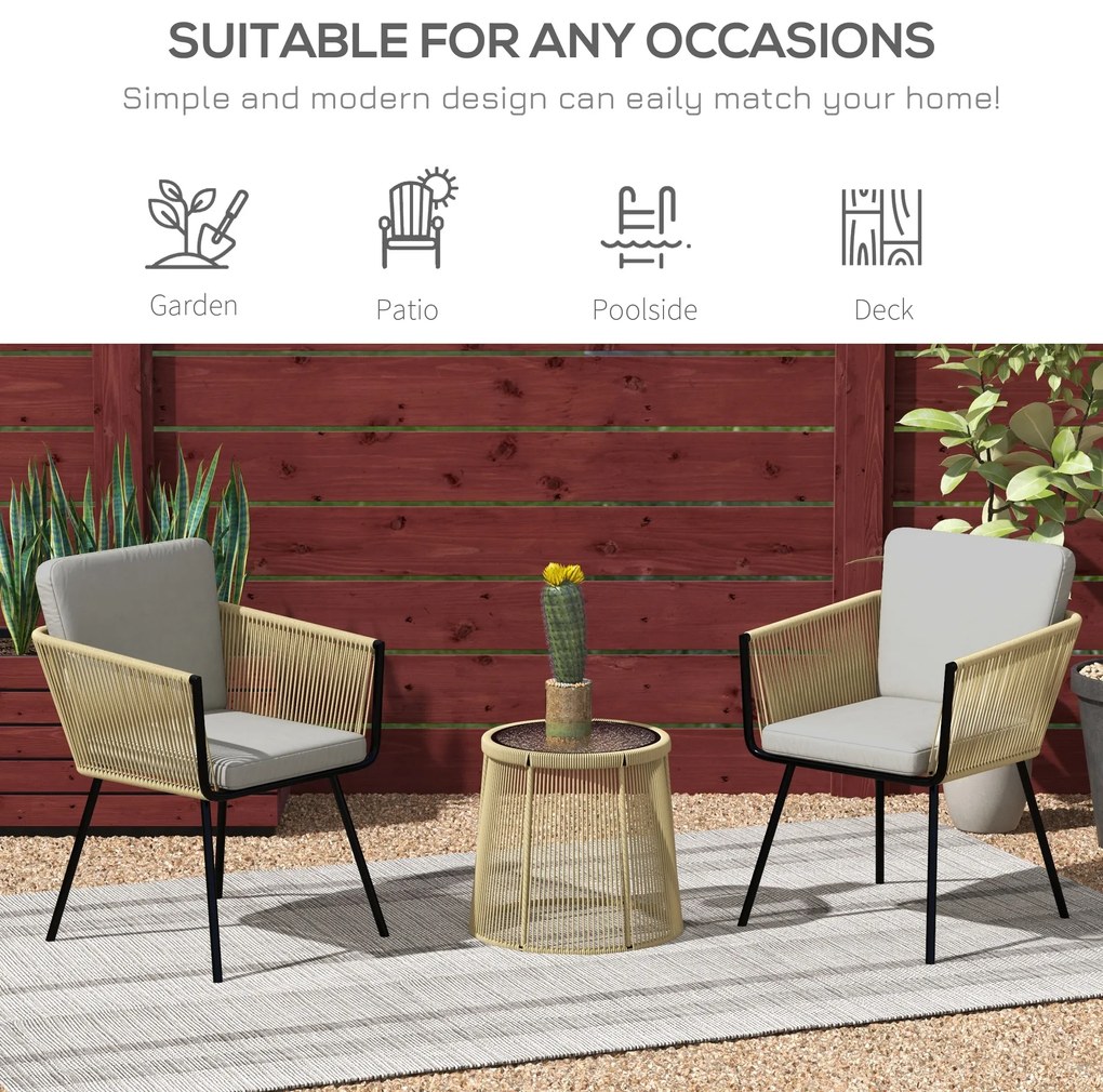 Outsunny Set mobilier de Grădină cu 2 Scaune și Măsuță de Cafea cu Blat din Sticlă, Ø49x47 cm, Maro | Aosom Romania