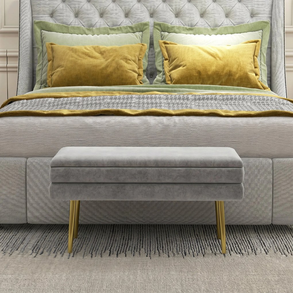 HOMCOM Bancă Otomană Tapițată, Picioare Aurii, Design Modern pentru Living și Dormitor, Gri | Aosom Romania