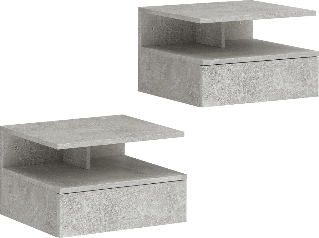 HOMCOM Set de 2 Noptiere Suspendate cu Sertar și Raft Deschis, 35x32x22.5 cm, Gri Ciment | Aosom Romania