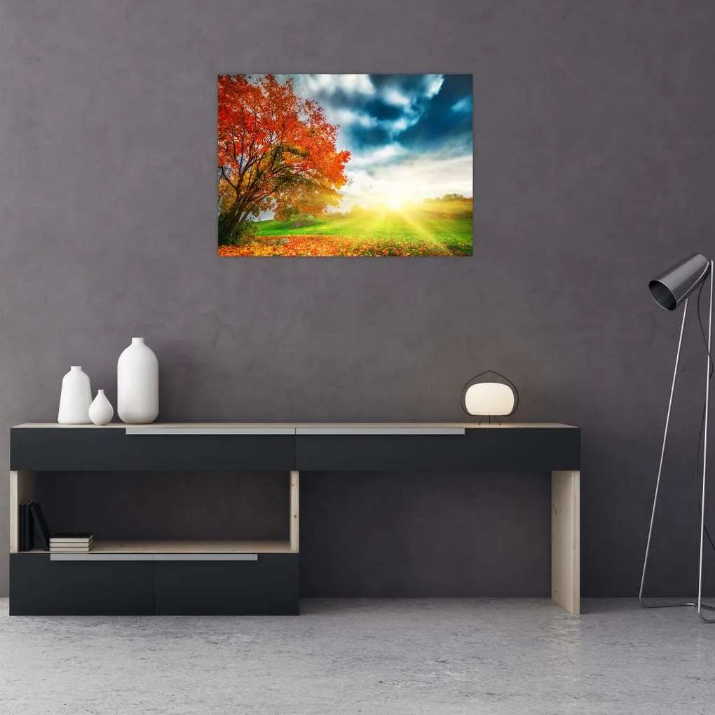 Tablou pe sticlă peisaj cu scufundat în razele solare (70x50 cm)