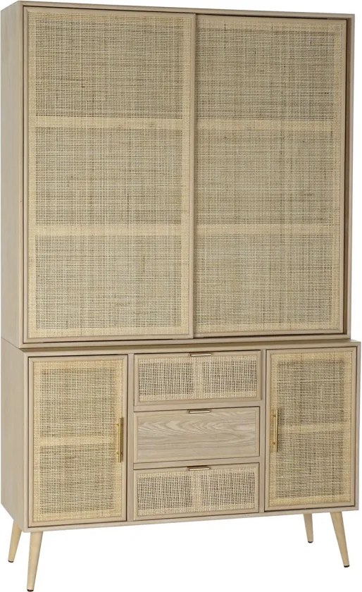 Vitrină din lemn de paulownia, natur, cu 4 uși, 3 sertare și 3 rafturi, panouri din ratan împletit, finisaj natural, 196 x 120 x 38,5 cm, „Sully”
