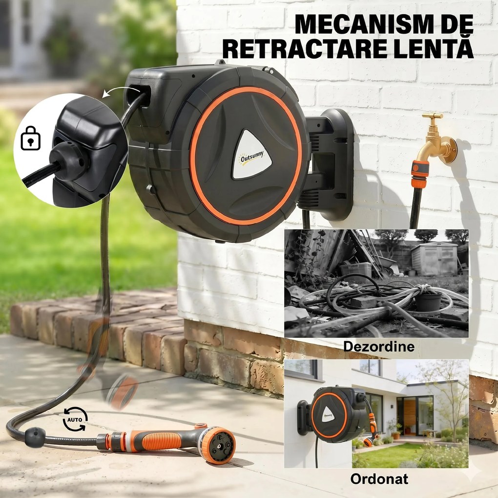 Outsunny furtun retractabil, suport furtun, role pentru furtun | Aosom Romania