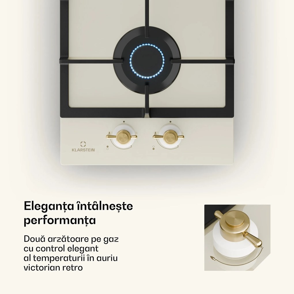 Klarstein Victoria Domino, plită pe gaz, 2 arzătoare, arzătoare Sabaf, plită ceramică, design retro