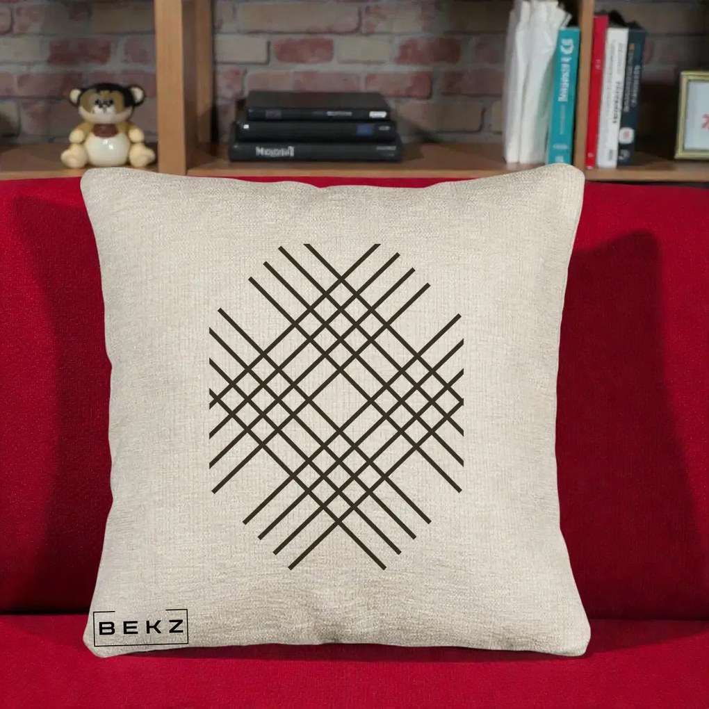 Perna Decorativa Geometric Grid, 40x40 cm, Bej Canapea, Husa Detasabila, Perna Inclusa, BEKZ®