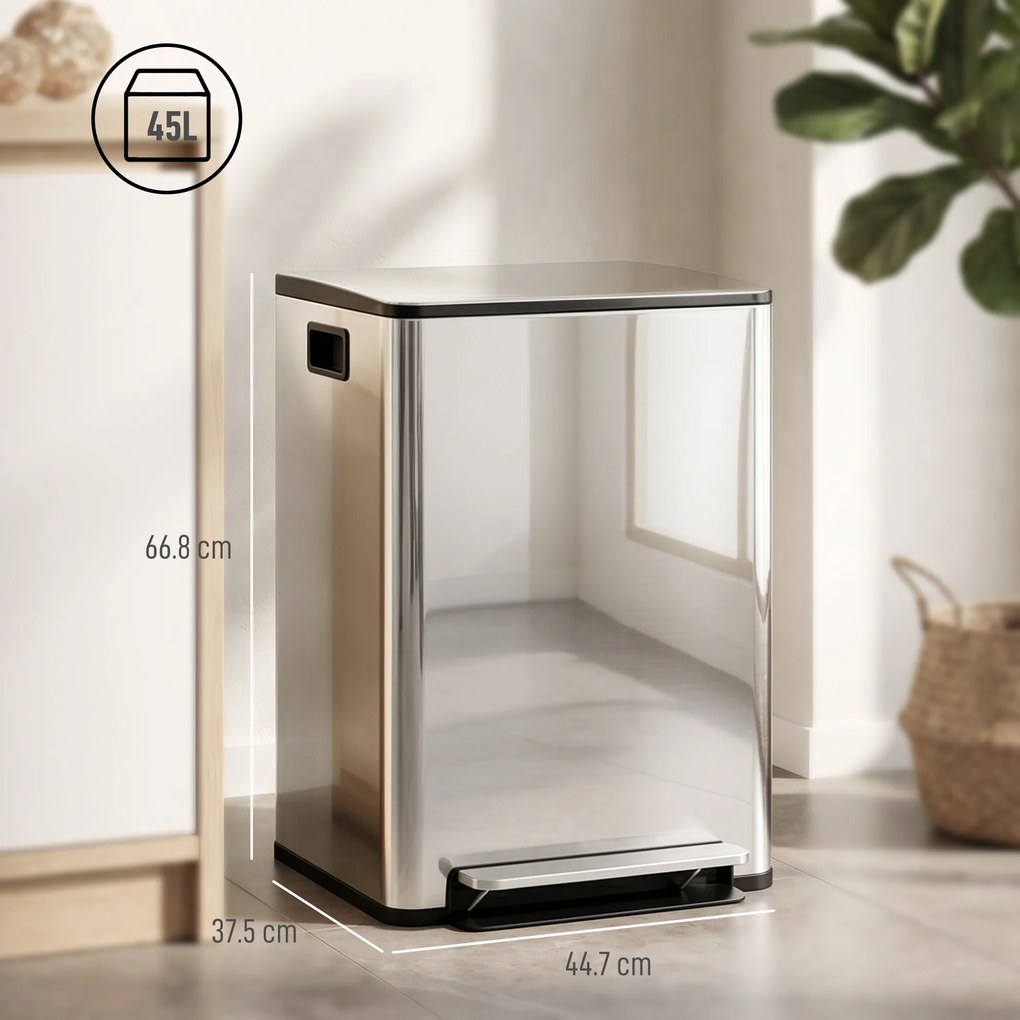HOMCOM Coș de Gunoi cu 2 Compartimente de 30L, Pedală și Capac Silențios, 47,7x37,5x66,8 cm, Argintiu | Aosom Romania