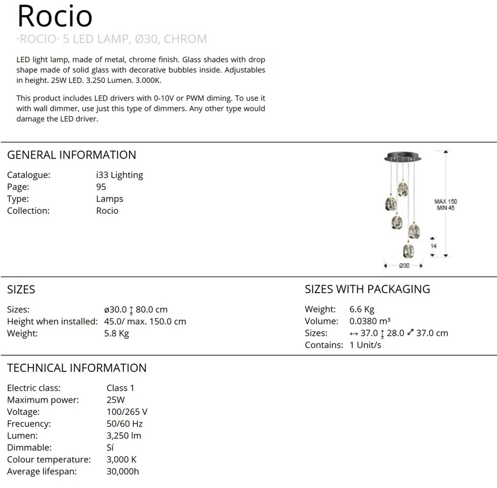Lustra LED dimabila cu 5 pendule ROCIO crom SV-783517