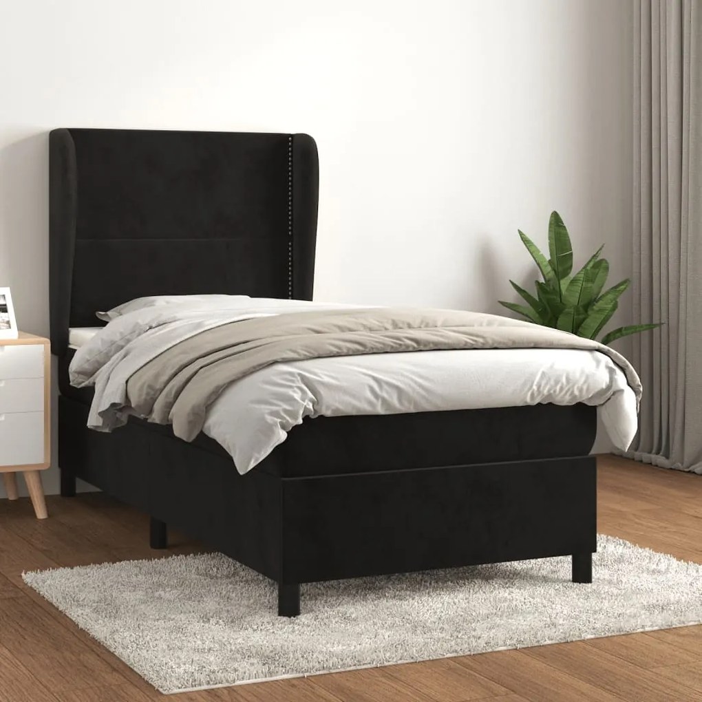 3129131 vidaXL Pat box spring cu saltea, negru, 90x200 cm, catifea