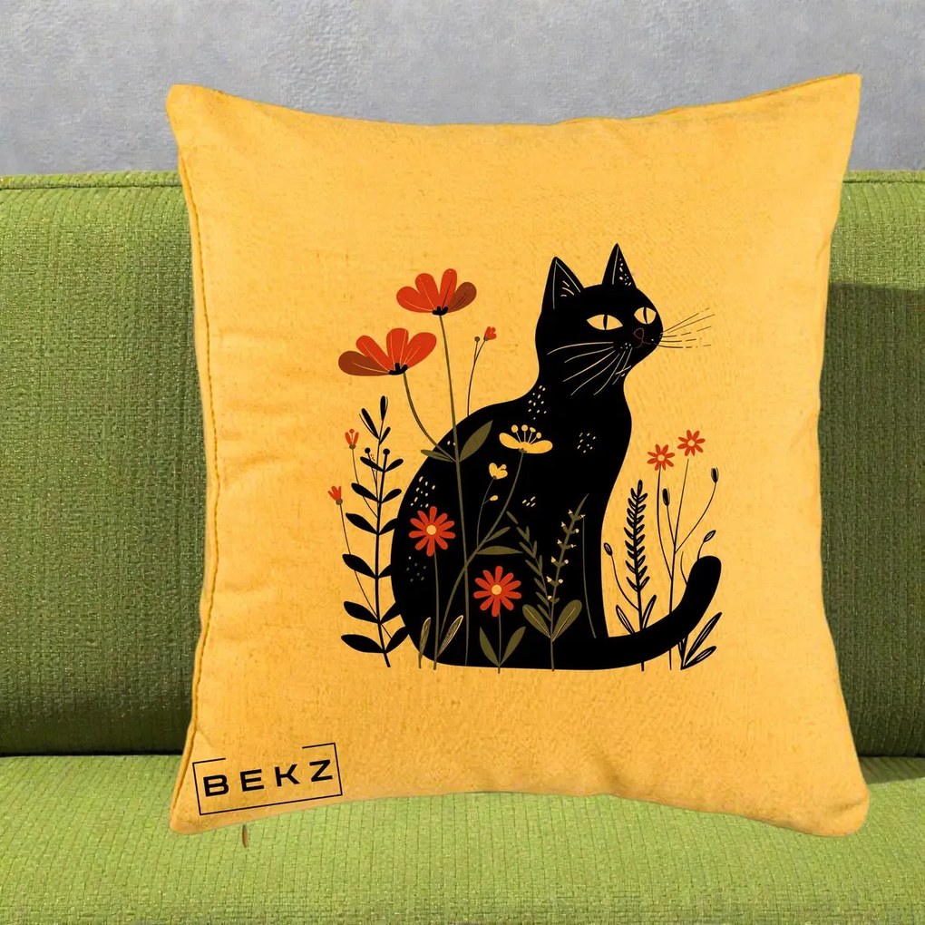 Perna Decorativa Pisica Neagra Flori Rosii Folk, 40x40 cm, Galben, Husa Detasabila, Perna Inclusa, BEKZ®