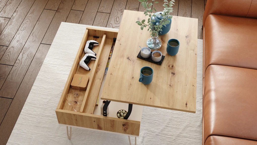 Mazzoni HAIRPIN S-90 Stejar Artisan/Bej (Șampanie) - MASĂ DE CAFEA MODERNĂ MASĂ CU BLAT RIDICAT + COMPARTIMENT + RAFT