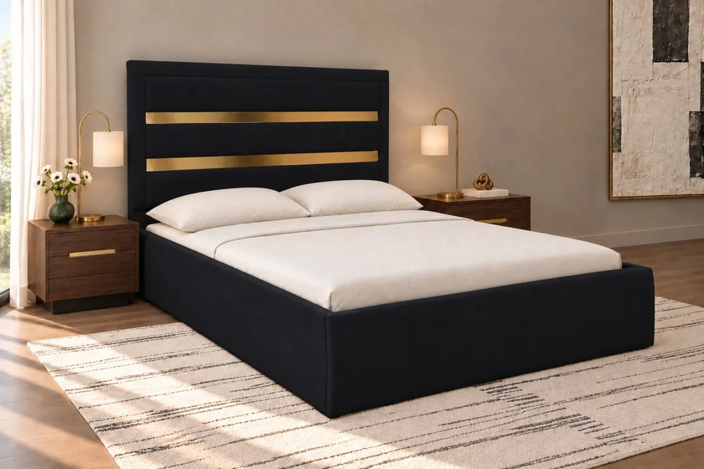 Pat tapițat din catifea Noren 160×200 cm, negru, detalii aurii, cu ladă de depozitare