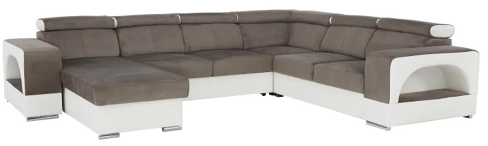 colţar în formă de U, piele ecologică albă/material textil maro, model stânga, KAMELIA