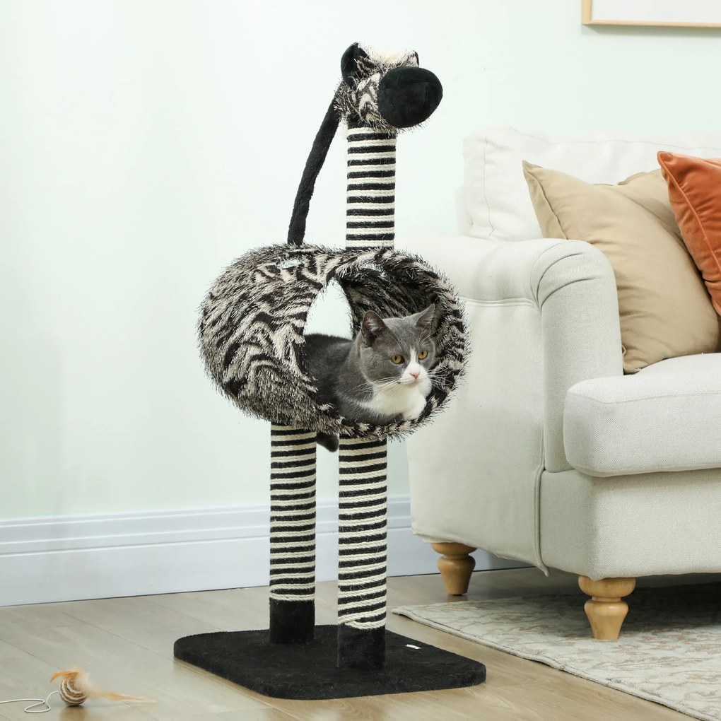 PawHut Copac zgâriat în design zebra, 1 tunel pentru pisici, 3 stâlpi de zgâriat 48,5 cm x 35 cm x 93 cm, Negru + Alb | Aosom Romania