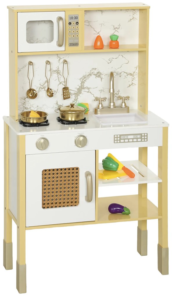 AIYAPLAY Bucătărie de jucărie din lemn cu sunet, cu accesorii din oțel inoxidabil, legume de tăiat, auriu | Aosom Romania