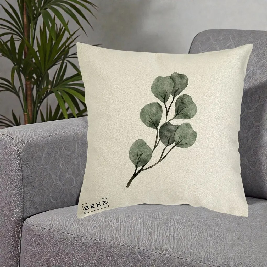 Perna Decorativa Ramura Eucalipt Acuarela, 40x40 cm, Ecru, Husa Detasabila, Perna Inclusa, BEKZ®