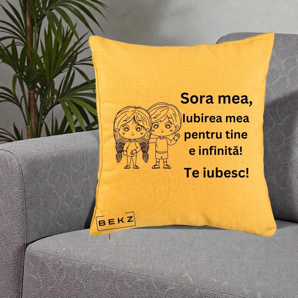 Cadou pentru Sora - Perna Personalizata Sora Mea Te Iubesc Copii Anime Line Art, 40x40 cm, Galben, Husa Detasabila, Perna Inclusa, BEKZ®