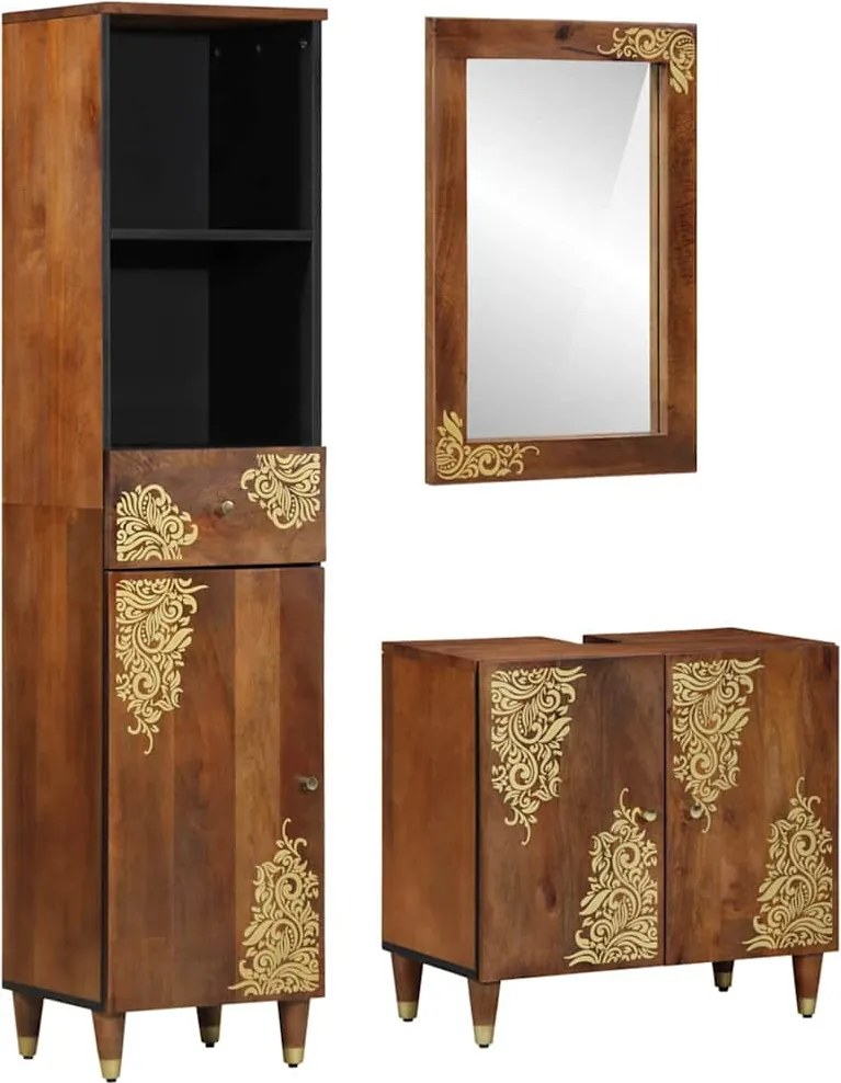 vidaXL Set dulap baie cu sertar 3 pcs Maro miere Lemn de mango solid