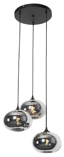 Lampă suspendată Art Deco neagră cu sticlă fumurie cu 3 lumini rotundă - Busa