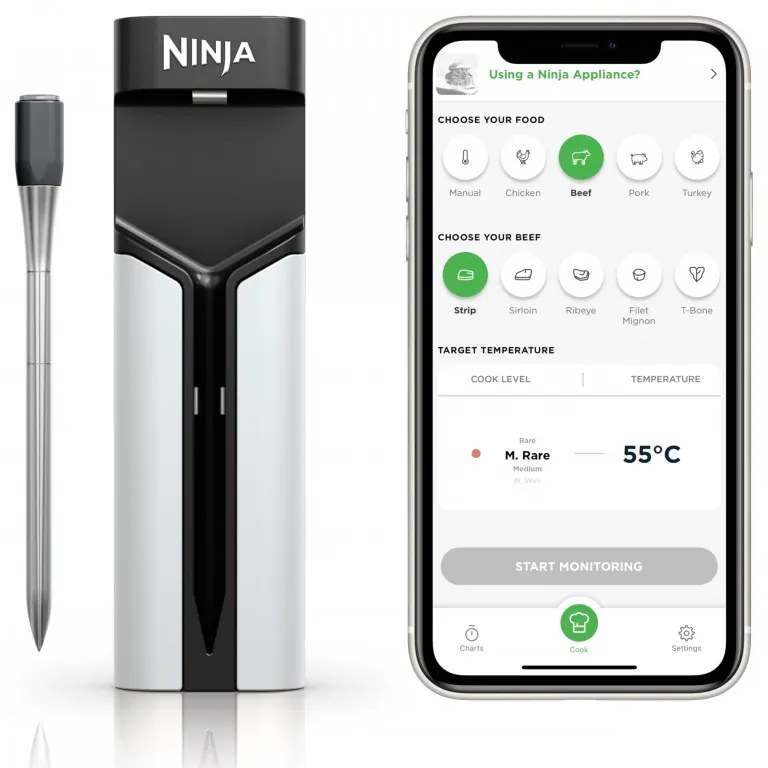 Termometru de bucatarie Ninja ProChef WP100EU, Bluetooth, Aplicatie mobila, Senzor de temperatura, Pana la 370°C, Negru/Argintiu