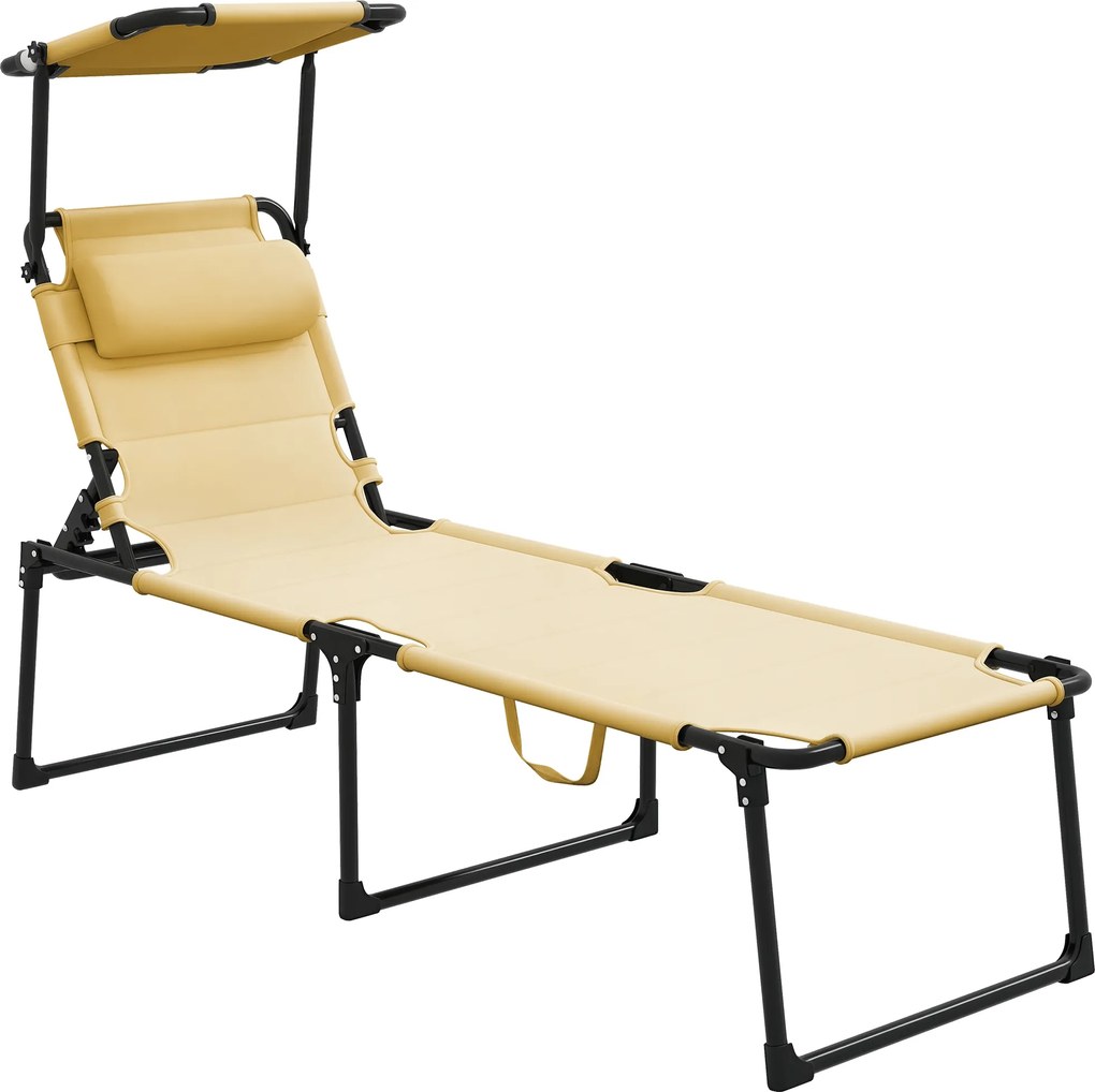 Outsunny Șezlong pliabil cu copertină, perniță reglabilă pentru cap din țesătură Oxford 70 x 200 x 45 cm crem | Aosom Romania