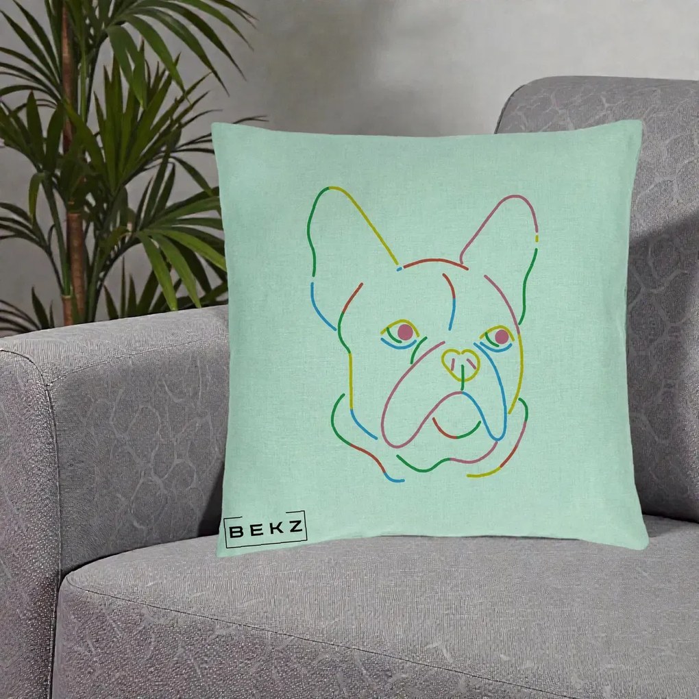 Perna Decorativa Bulldog Francez Line Art Curcubeu, 40x40 cm, Verde Menta, Husa Detasabila, Perna Inclusa, BEKZ®