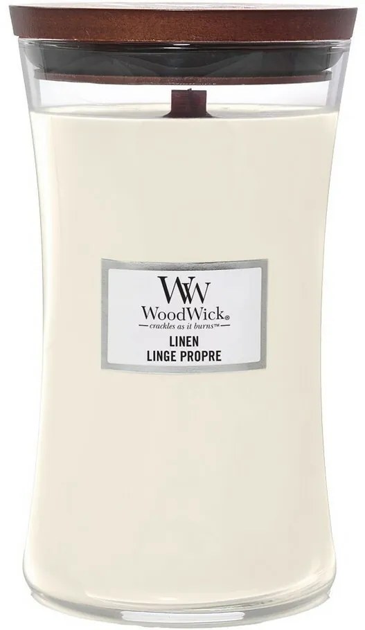Lumânare parfumată vază mare WoodWick Linen, 609 g