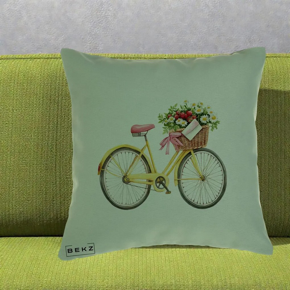Perna Decorativa Bicicleta Galbena cu Cos de Flori Primavara, 40x40 cm, Verde, Husa Detasabila, Perna Inclusa, BEKZ®