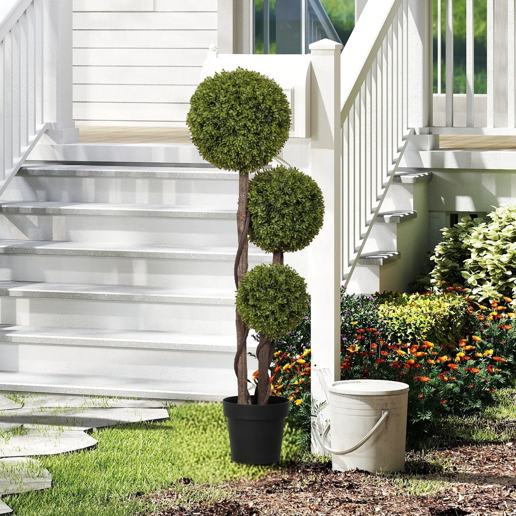HOMCOM Plantă Artificială de Buxus cu 3 Sfere, Ghiveci Inclus și Bază Întărită, Ø19,5x115 cm, Verde | Aosom Romania