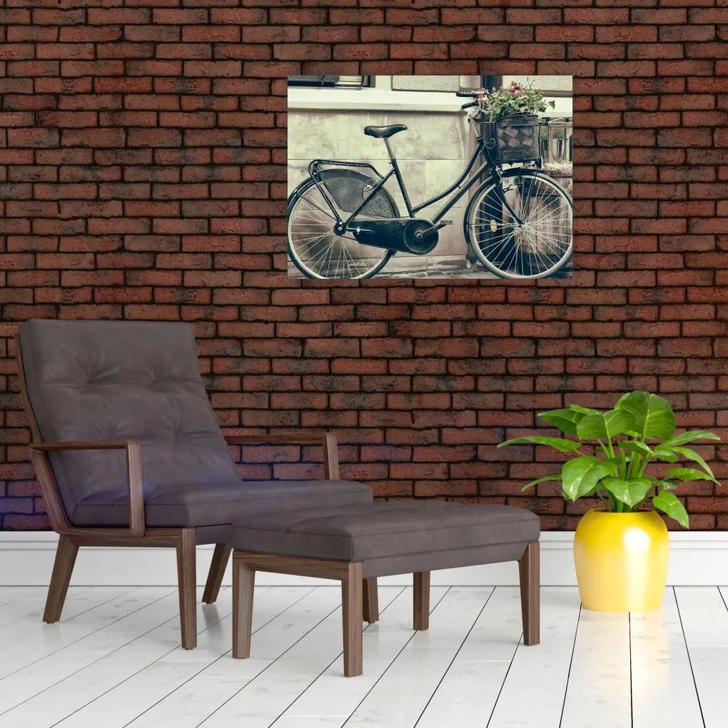 Tablou pe sticlă - Bicicleta de epocă cu flori (70x50 cm)