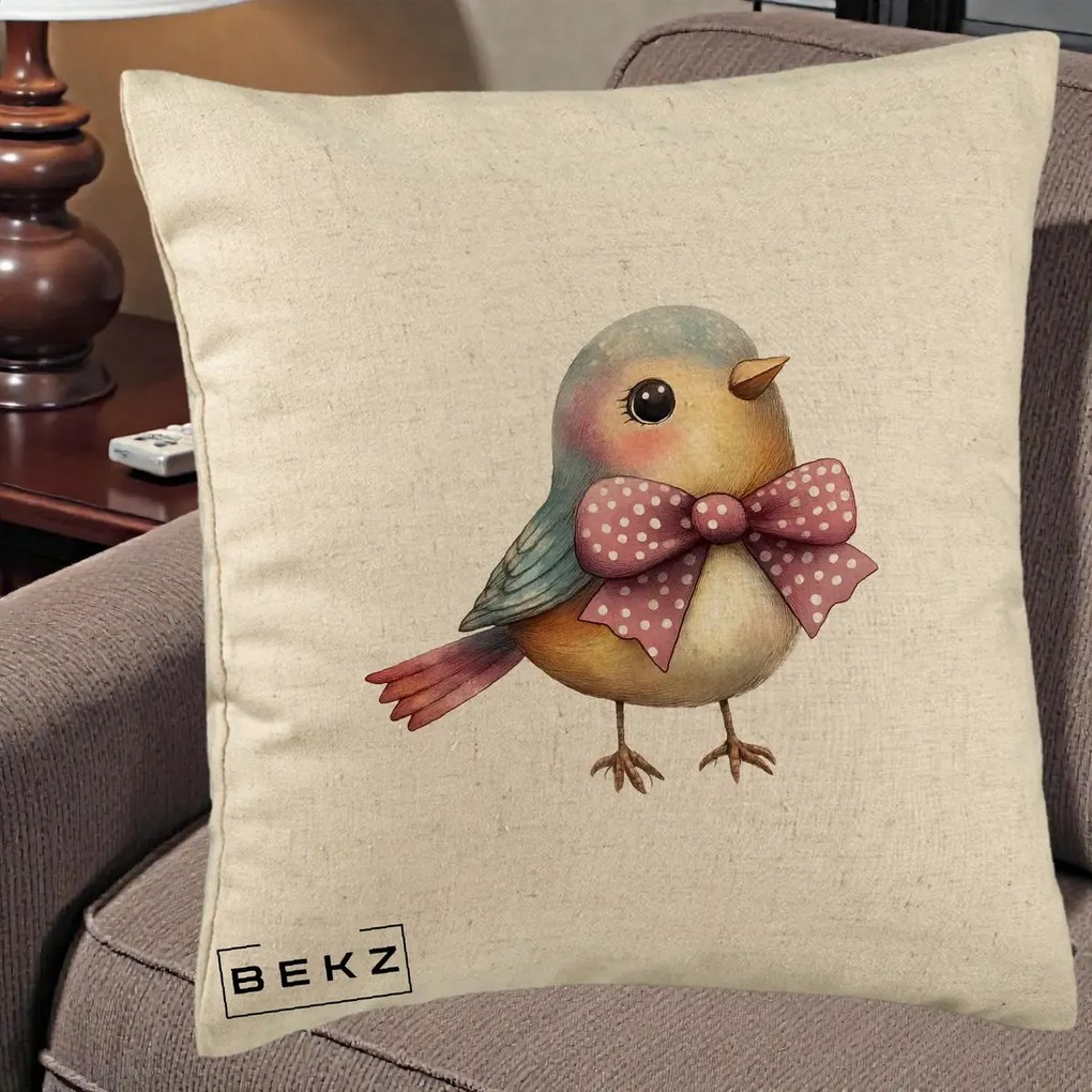 Perna Decorativa Pasare Bleu cu Fundita Roz, 40x40 cm, Bej, Husa Detasabila, Perna Inclusa, BEKZ®