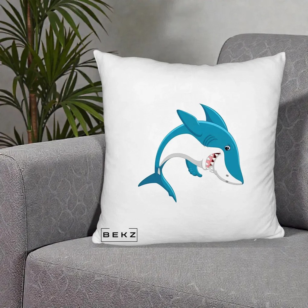 Perna Decorativa Rechin Albastru Cartoon, 40x40 cm, Alb Pufos, Husa Detasabila, Perna Inclusa, BEKZ®