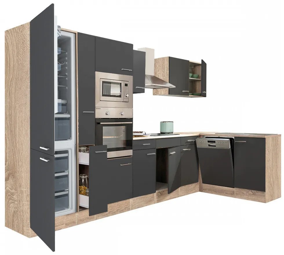 Mobilă de bucătărie de colț Yorki 370, corp din stejar sonoma, față antracit satinat, cu frigider sub blat